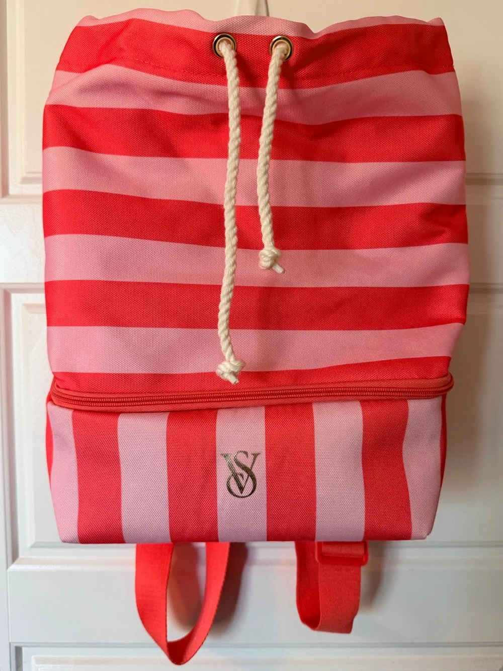 Victoria's Secret Coral Pink Striped Drawstring Backpack with Cooler-NWOT
